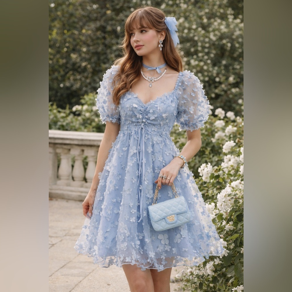 EUC Romantic cottage core dress. Size M, puff sleeve, lt blue and 3 D flowers.